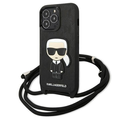 Karl Lagerfeld Leather Monogram Patch and Cord Iconik- Cover for iPhone 13 Pro