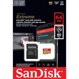 SanDisk Extreme microSDXC - Memory card 64 GB A2 V30 UHS-I U3 170/80 MB/s with adapter