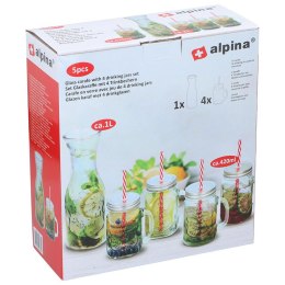 Alpina - Set of glass beverage jars with straws 4 pcs with carafe 1 l