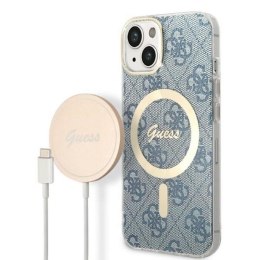 Guess Bundle Pack MagSafe 4G - Set of case for iPhone 14 Plus + MagSafe charger (Blue/Gold)