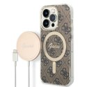 Guess Bundle Pack MagSafe 4G - Set of case for iPhone 14 Pro + MagSafe charger (Brown/Gold)