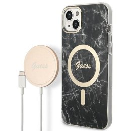 Guess Bundle Pack MagSafe IML Marble - Set of case for iPhone 14 Plus + MagSafe charger (Black/Gold)