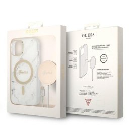 Guess Bundle Pack MagSafe IML Marble - Set of case for iPhone 14 Plus + MagSafe charger (White/Gold)