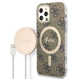 Guess Bundle Pack MagSafe 4G - Set of case for iPhone 12 / iPhone 12 Pro + MagSafe charger (Brown/Gold)