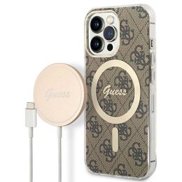 Guess Bundle Pack MagSafe 4G - Set of case for iPhone 13 Pro + MagSafe charger (Brown/Gold)