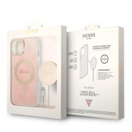 Guess Bundle Pack MagSafe 4G - Set of case for iPhone 14 Plus + MagSafe charger (Pink/Gold)