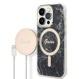 Guess Bundle Pack MagSafe IML Marble - Set of case for iPhone 14 Pro + MagSafe charger (Black/Gold)