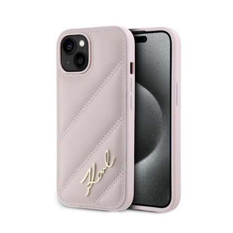 Karl Lagerfeld Diagonal Quilted Script - Case for iPhone 14 / 15 / 13 (Pink)