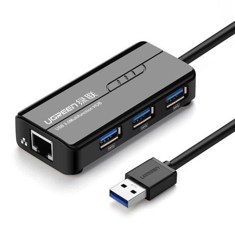 Adapter sieciowy Ugreen 20265 USB-A / RJ45 1000 Mbps HUB 3x USB 3.0 - czarny